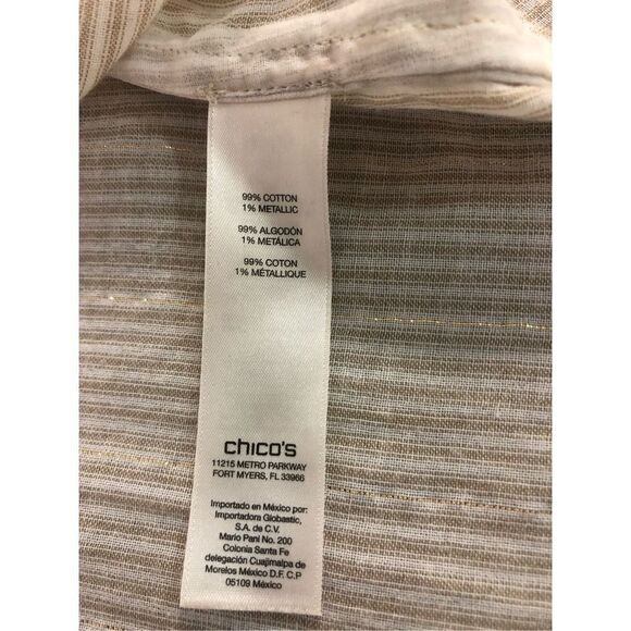 Chico’s Women’s Cream and Gold Striped Collared Bottom Up Long Sleeve Shirt Size - Picture 5 of 8